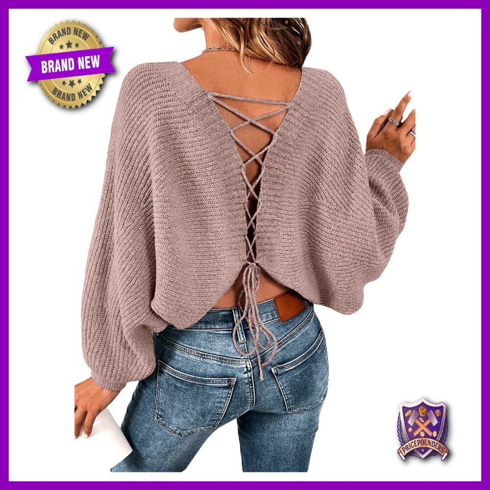 Off Shoulder Lace Up Open Back Sweater Long Sleeve Pullover Knit Top